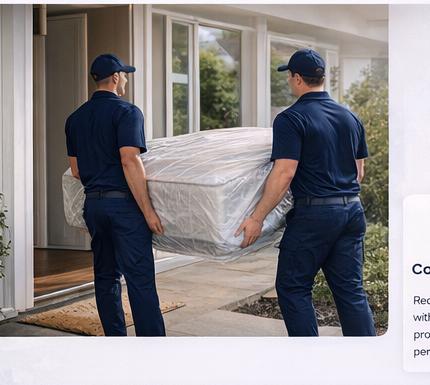 Two Baxeys team members carrying a bagged mattress from a home while the customer smiles nearby
