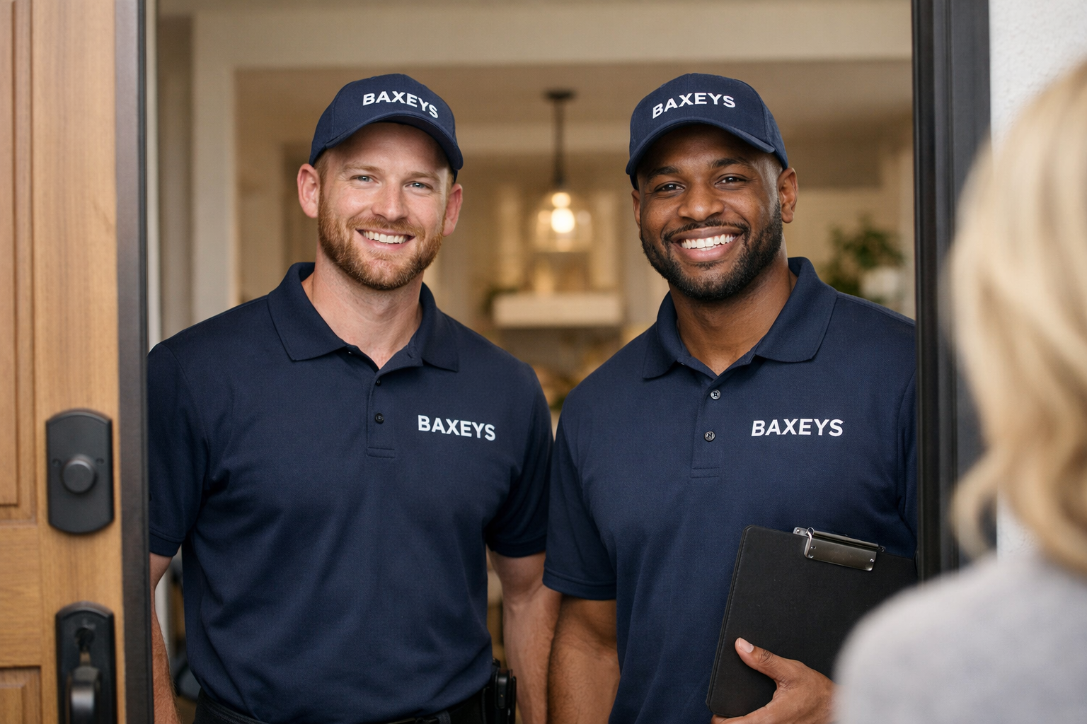 Two uniformed Baxeys team members smiling at the customer’s front door